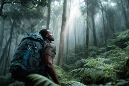 Young african male hiker in misty forest with sunlight through trees.の写真素材