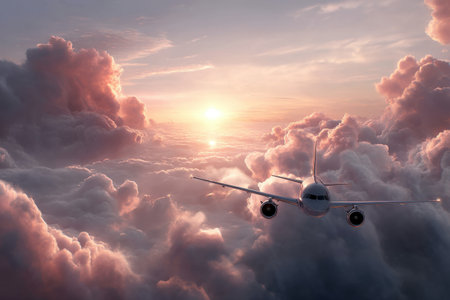 Airplane soaring through vibrant pink clouds at sunrise with sunlight on horizon.の写真素材