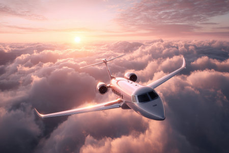 Private jet flying through vibrant sunset above clouds with sunlight reflection.の写真素材