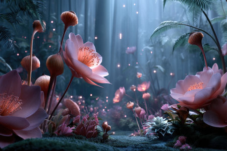 Magical enchanted forest with glowing pink flowers at twilight.の写真素材