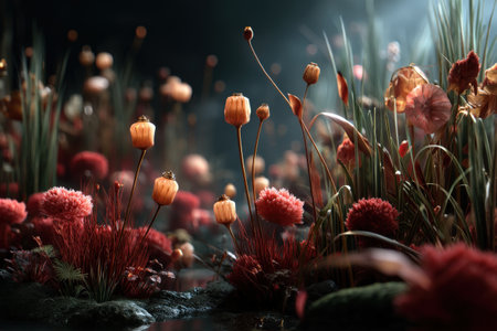 Ethereal bloomscape with vivid flowers and lush foliage in dreamlike light.の写真素材