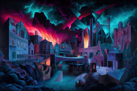 Surreal urban landscape with dramatic sky and vibrant colors.の写真素材