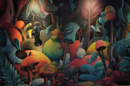 Surreal fantasy landscape with colorful abstract mushrooms and plants in enchanted forest.