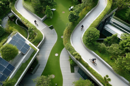 Aerial view of futuristic urban greenway with cyclists on winding paths.の写真素材