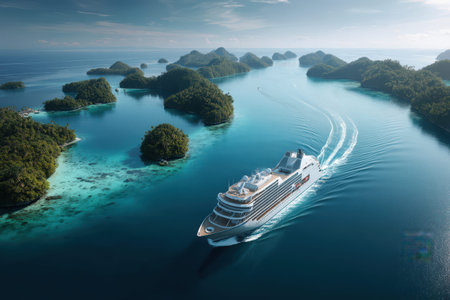 Luxury cruise ship sailing through tropical islands in clear blue ocean waters.