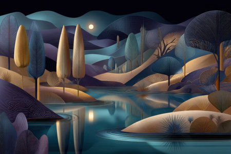 Surreal night landscape with moonlit lake and abstract trees.の写真素材
