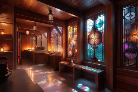 Cozy rustic interior with colorful stained glass windows and warm wooden accents.の写真素材