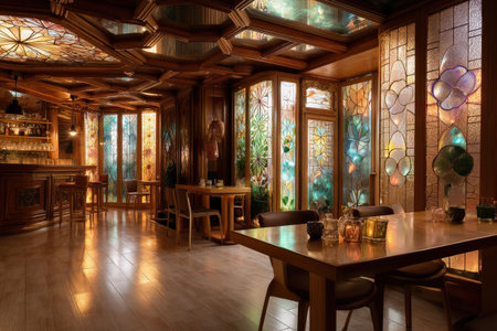 Elegant interior of cozy restaurant with stained glass windows and warm lighting.
