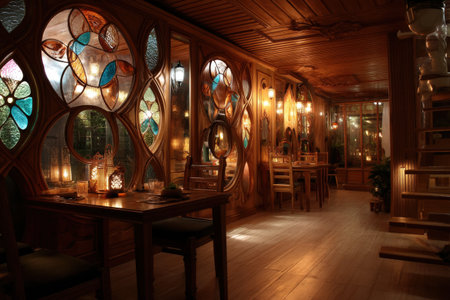Cozy candlelit dining room with stained glass windows and wooden interior.の写真素材