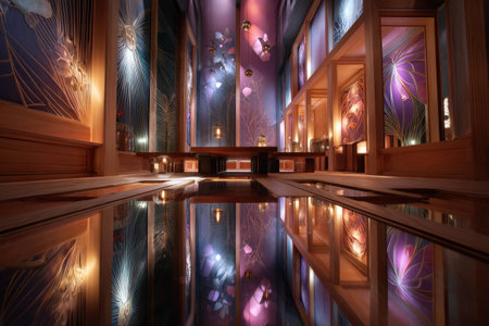 Luxurious modern spa interior with colorful wall art and reflective water feature.の写真素材