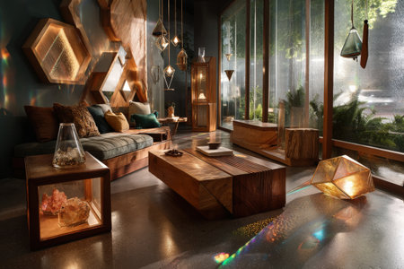 Modern living room with geometric wooden furniture and pendant lighting.の写真素材