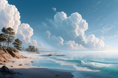 Serene coastal landscape with majestic clouds and pristine beach.の写真素材