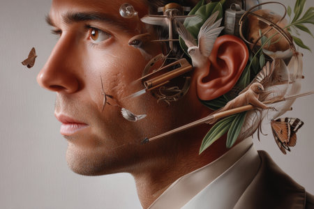 Young caucasian male with surreal nature elements surrounding head.の写真素材