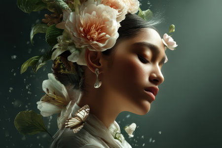 Asian female with floral headpiece and butterfly elegance in tranquil portrait.の写真素材