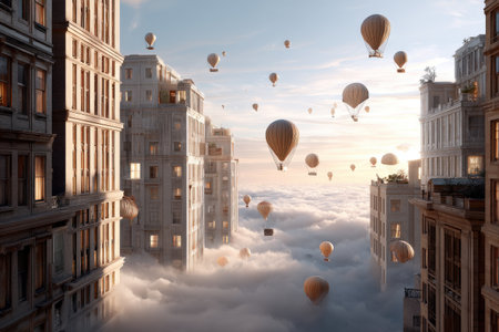 Floating hot air balloons among skyscrapers in a cloudy cityscape.の写真素材