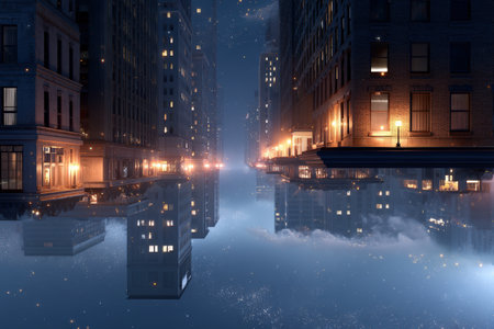 Surreal night cityscape with mirrored skyscrapers and lights.の写真素材