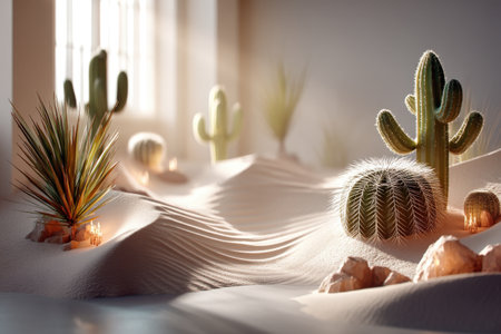 Sunlit indoor desert scene with green cacti and textured sand.の写真素材