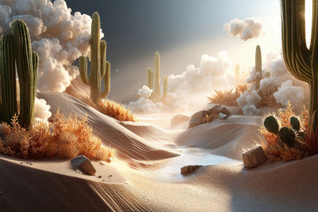 Surreal desert landscape with cacti, sand dunes, and dramatic clouds.の写真素材