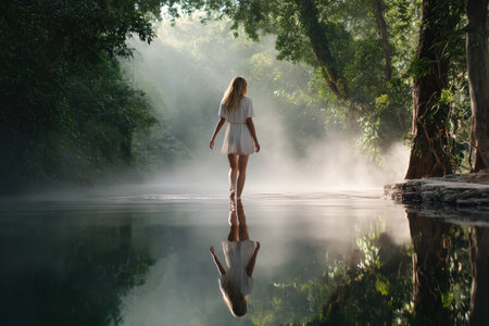 Young caucasian female walking through mystical forest path over serene water mirror.の写真素材