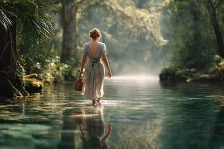 Woman walking in serene forest stream with basket.の写真素材