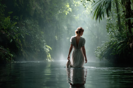 Serene exploration: young female in ethereal tropical river scene.の写真素材