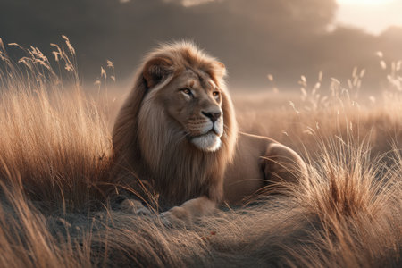 Majestic lion resting in golden grassland at sunset.の写真素材