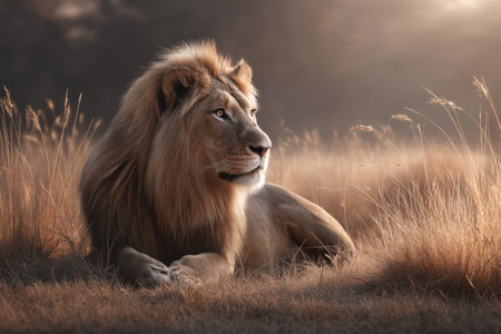 Majestic lion resting in golden savannah at sunset.の写真素材