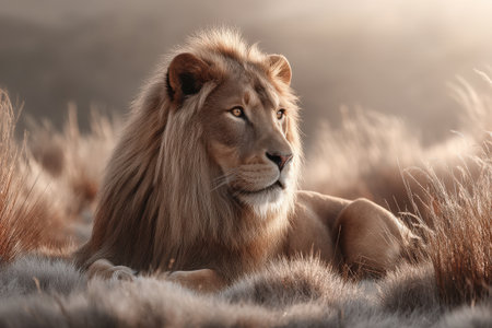Majestic lion resting in sunlit savannah landscape.の写真素材