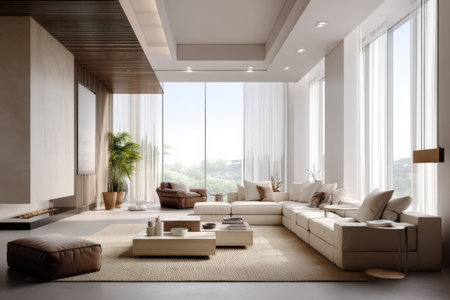 Modern minimalist living room with large windows and cozy white furniture.の写真素材