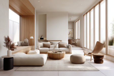 Modern minimalist living room with neutral tones and elegant furniture.の写真素材