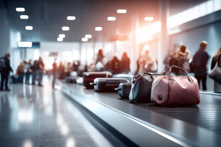 Luggage on airport conveyor belt in busy terminal with passengers.の写真素材