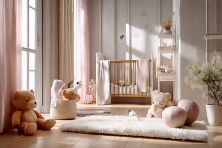 Cozy nursery room with soft toys and crib in sunlit interior.の写真素材