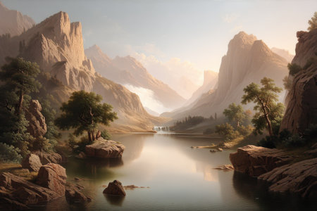Tranquil mountain lake with majestic peaks and serene reflections in breathtaking landscape.の写真素材