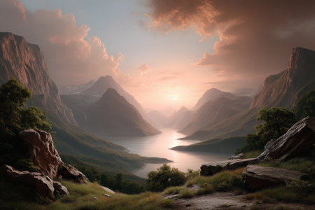 Breathtaking mountain landscape at sunrise with serene lake and majestic peaks.の写真素材