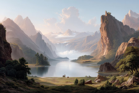 Serene mountain landscape with lake and horse riders amidst majestic peaks.の写真素材