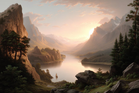 Serene mountain landscape with sunrise over lake and sailboat.の写真素材