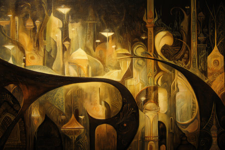 Futuristic abstract cityscape with illuminated architecture and organic shapes.の写真素材