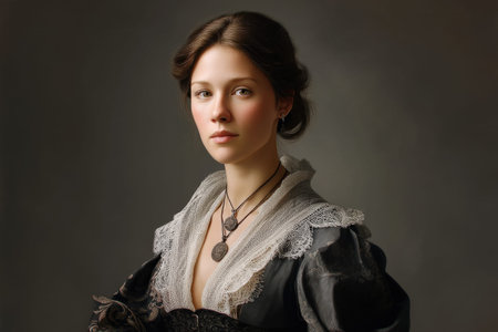 Victorian-era portrait of young caucasian female in elegant attire with lace details and jewelry.