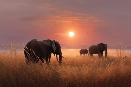 Elephants grazing at sunset in savanna landscape with majestic sky.