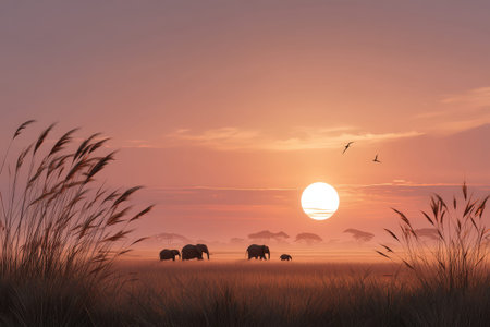 Elephants and sunset in african savanna with silhouetted trees and birds.の写真素材