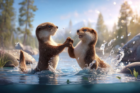 Playful otter pair splashing in sunlit forest stream.