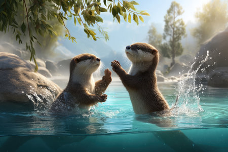Playful otters splashing in scenic river surrounded by nature.の写真素材