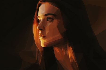 Geometric portrait of a young caucasian female with warm light and shadow.の写真素材