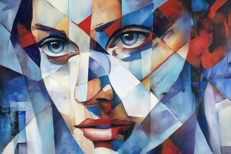 Abstract cubist portrait of a young female with blue and red geometric patternsの写真素材