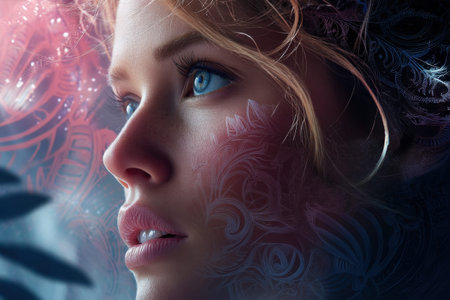 Young caucasian female with intricate face paint design and intense blue eyes.
