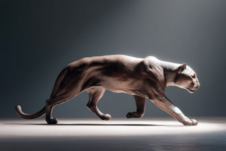 Graceful panther walking in dramatic lighting on a wooden floor.