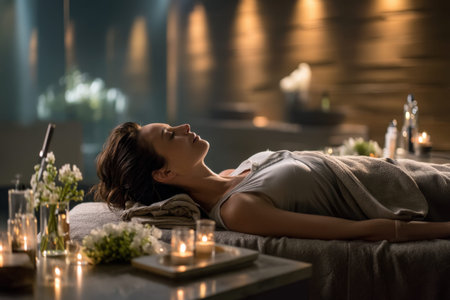 Relaxed young caucasian female enjoying spa treatment with candles and flowers.
