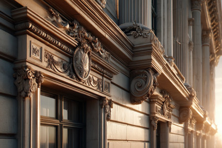 Ornate neoclassical architectural detail with decorative columns and sculptures at sunrise.の写真素材