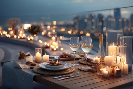 Romantic candlelit rooftop dinner with wine and city skyline at dusk.の写真素材