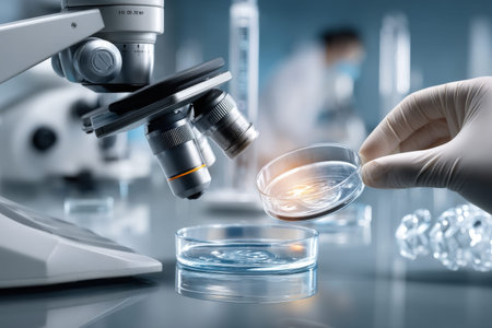 Microbiology research in modern laboratory with focus on microscope and petri dish analysis.